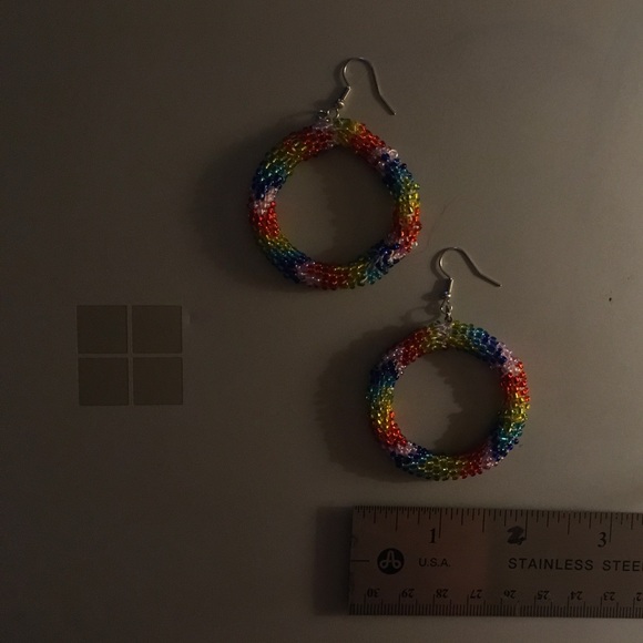 Hand Crafted Rainbow Bead Crochet Hoop Earrings - Picture 6 of 6